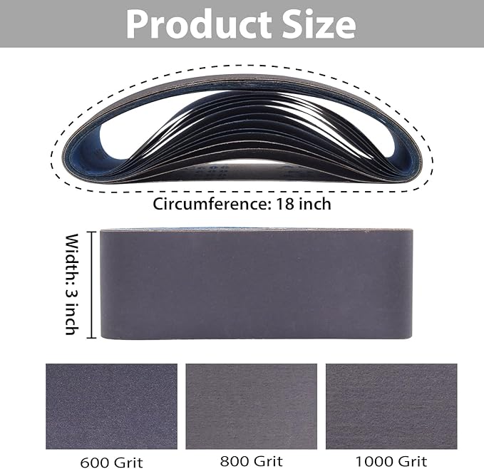 15 Pack 3 x 18 Inch Sanding Belts, 3x18 Silicon Carbide Sanding Belt, 5 Pcs Each of 600, 800, 1000 Grits Knife Sharpening Sander Belt