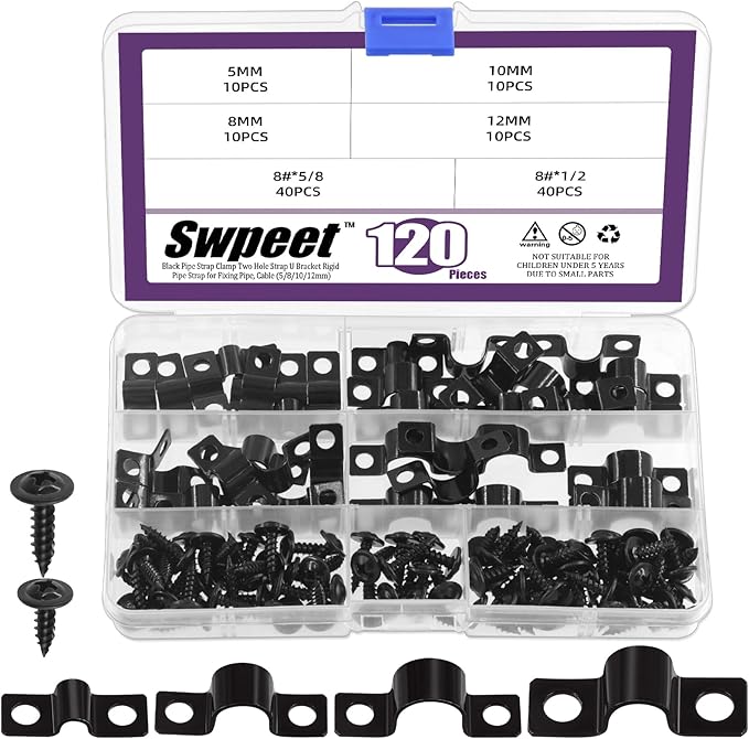 Swpeet 120Pcs 4 Sizes 5mm 8mm 10mm 12mm Two Hole U Bracket Clamp with Screws Assortment Kit, U-Clamps, Metal Pipe Clamps, Pipe Strap Clamps, Conduit, Tension Clips for Fixing Pipe or Cable