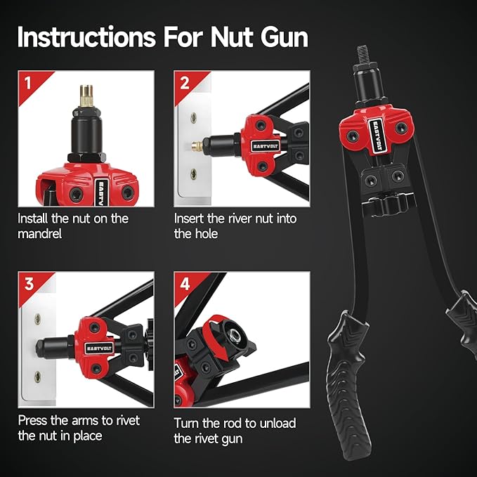 Eastvolt Rivet Nut Tool Kit, 3 in 1 Hand Rivet Gun, 14-Inch Rivnut Tool with 6 Metric Mandrels M3 M4 M5 M6 M8 M10, Rivet Bolt Tool with 3 Metric Bolt Mandrels and Rugged Carrying Case