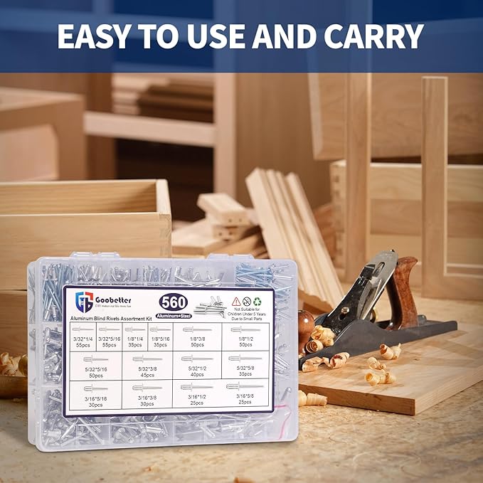 560 Pcs 14 Sizes Pop Rivets Assortment Kit, Aluminum Rivets, 3/32" 1/8" 5/32" 3/16" 1/4" Blind Rivets for Metal, Dome Head rivet kit(Silver)