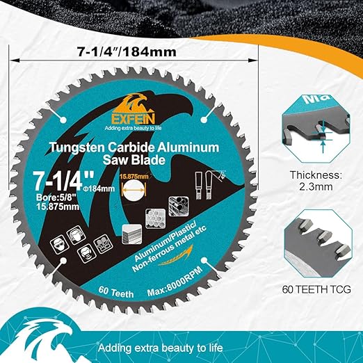 7-1/4 Inch 60 Teeth Aluminum and Non-Ferrous Metal Cutting Circular Saw Blade with 5/8 Inch Arbor, TCG Carbide Saw Blade for Metal & Plastic Cutting