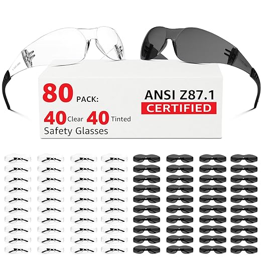 ANSI Z87.1 Safety Glasses Men Women 80 pack: 40pack clear safety glasses+40pack safety sunglasses Scratch & Impact Resistant eye protection glasses for Construction, Outdoor Sports & Work