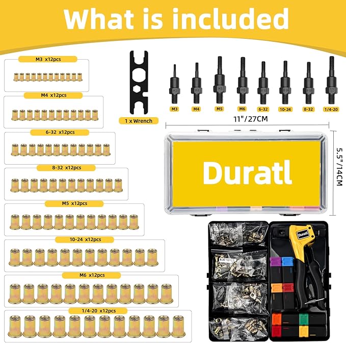 Rivet Nut Tool Kit, 8-Inch Hand Rivnut Tool for Tight Spaces, Nutsert Tool Kit with 96pcs Rivnuts, 8 Metric & SAE Mandrels (M3-M6, 6-32, 8-32, 10-24, 1/4-20), Durable Carrying Case Included