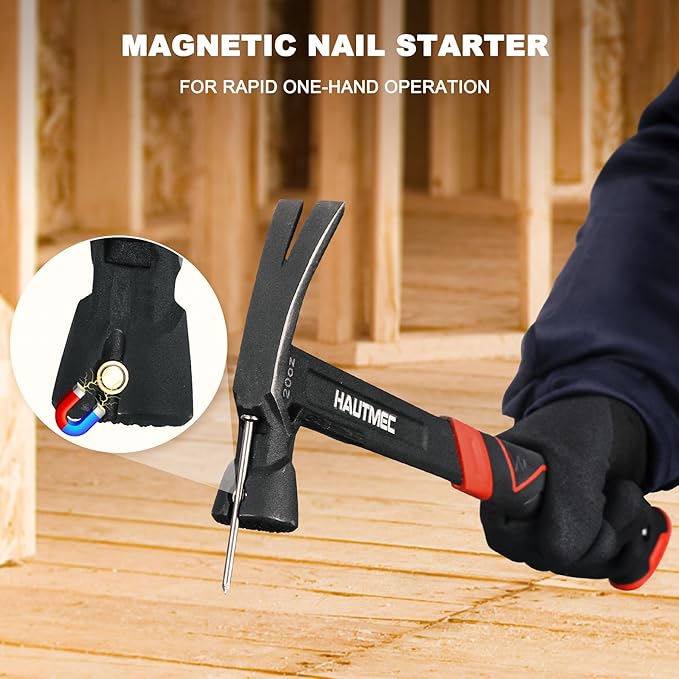 HAUTMEC 20 oz. One Piece Forged Framing Hammer With Straight Rip Claw Hammer, Milled Face, Shock-Absorbing Grip, with Magnetic Nail Holder, HT0371-HM