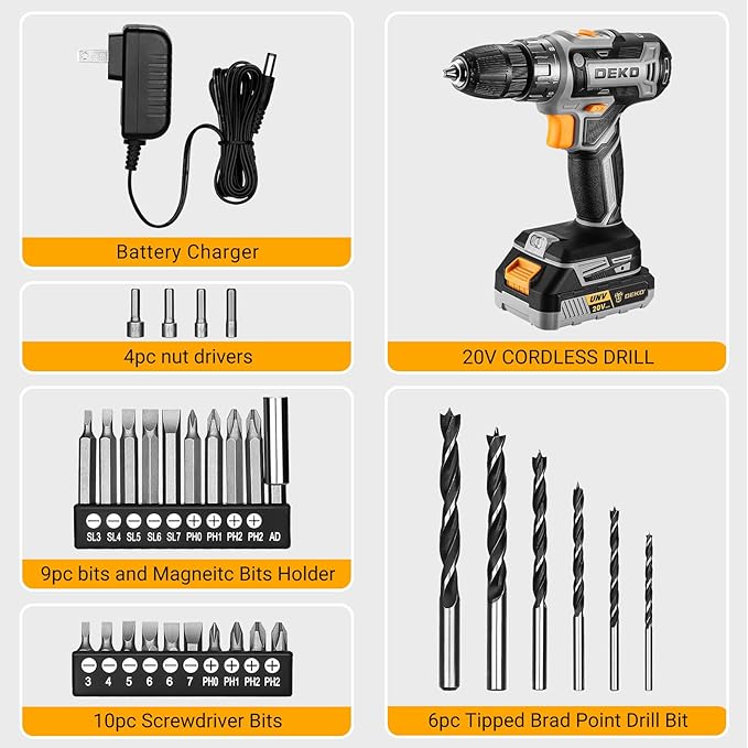 Power Drill Cordless: DEKO PRO Cordless Drill 20V Electric Power Drills Set Tool Drills Cord-less Set with Battery and Charger