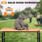 Adjustable Height Workbench, 60" Rubber Wood Top Heavy Duty Workstation with Power Outlets, 2000 LBS Load Capacity Hardwood Worktable for Workshop, Garage, Office, Home, Commercial