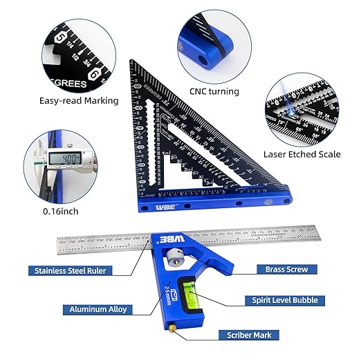 7inch Rafter Square and 12inch Combination Square Set -CNC-Machined Aluminum Alloy,Heavy Duty Carpenter Square for Woodworking and Home DIY