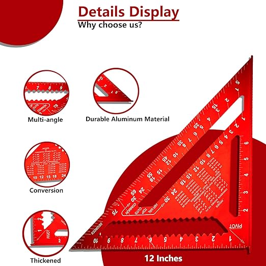 Carpenter Square 12 Inch, Aluminum Rafter Square Carpenter for Woodworking, Sturdy Angle Drawing Measuring Ruler, Layout Tool Alloy Triangle Ruler Protractor for Carpentry, Red