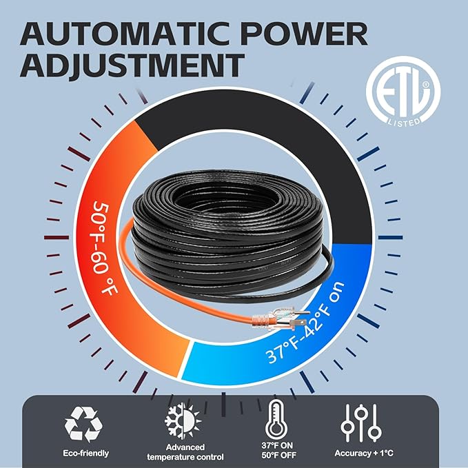 140FT（3FT-200FT） Pipe Heating Cable for Pipe Freeze Protection, Heat Cable for Water Pipes(Metal and Plastic), Pipe Heat Tape Keeps Water Flowing at -40°F 5w/ft, 120V