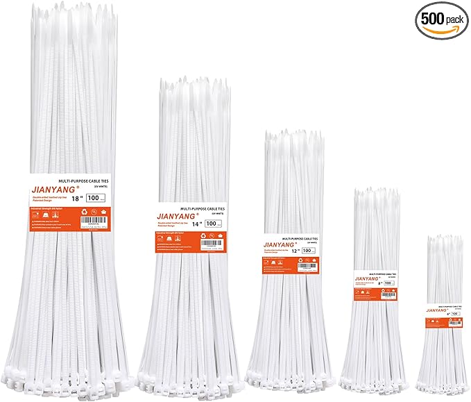 Zip Ties Assorted Size,500 Pack,6+8+12+14+18 Inch Double Sided Toothed,120 LBS Tensile Strength Heavy Duty Cable Wire Ties Self-Locking Adjustable Durable Nylon Tie Wraps for Indoor Outdoor White
