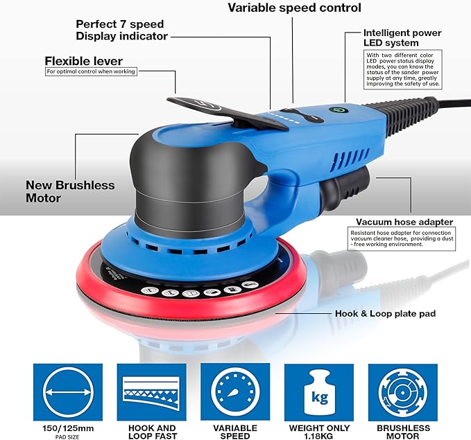 Electric 5mm Random Orbital Sander, Brushless 350W Low Vibration Orbital Sander, 6Inch Backing Pad, 7 Variable Speed (4000-10000RPM), Handheld Sanders for Surface Refinish, Woodworking, Cord 5M