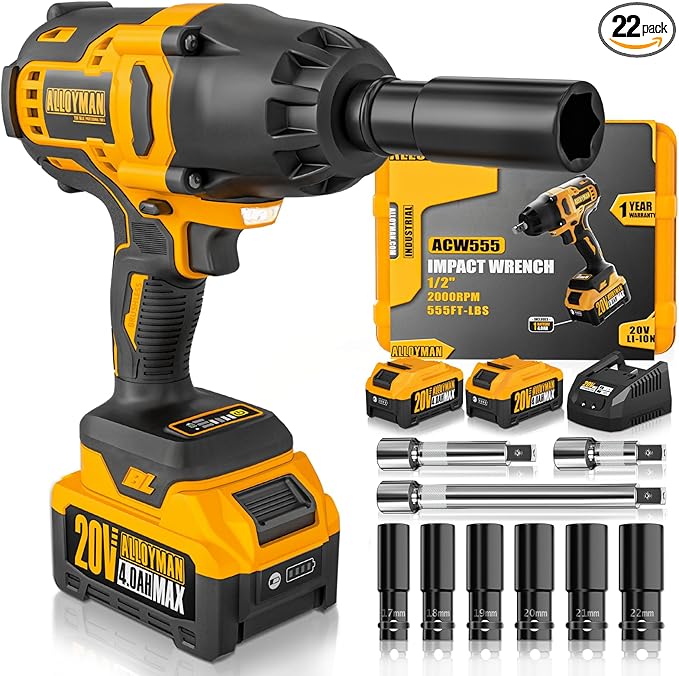 Alloyman 1/2 inch Impact Wrench Cordless, (750 N.m) 555 Ft-lbs Hight Torque Wrench,20V Power Impact Driver, Brushless Motor 2000 RPM, 2x 4.0AH Li-ion Battery,Charger,6 Sockets,3 Extension Bars