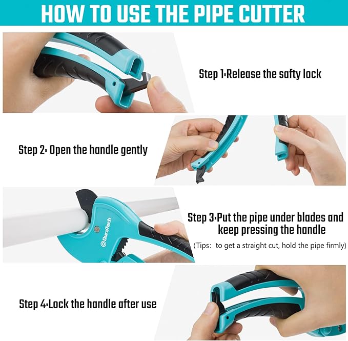 DURATECH Ratchet PVC Pipe Cutter, Cuts up to 1-5/8" PEX, PPR, PE and Plastic Hoses, with PTFE-Coated Sharp Blade,Suitable for Home and Plumbing Repairs