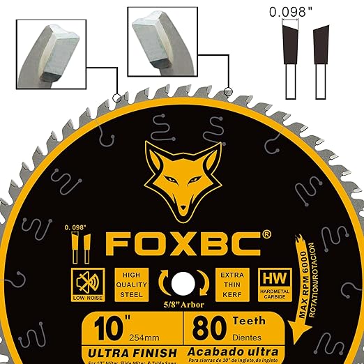 FOXBC 10-Inch Table Saw Blade, 80-Tooth, Ultra Finish Wood Cutting, 5/8-Inch Arbor