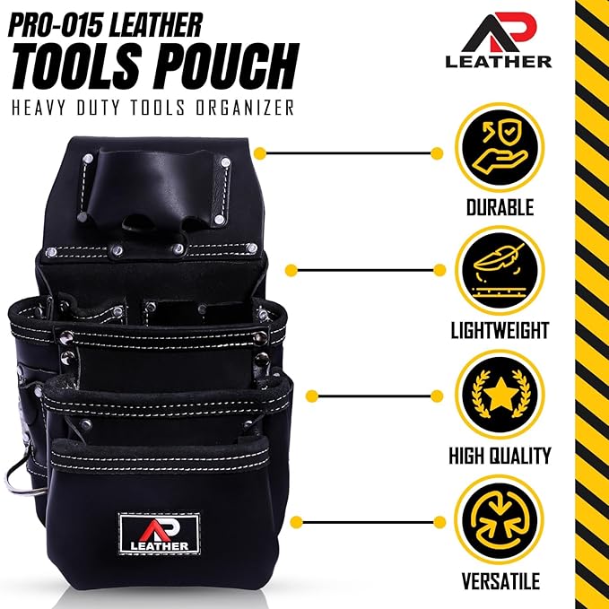 Pro-015 Leather Tool Pouch for Construction,Heavy Duty Hammer Holder,Buckle,3 Pocket Large with Belt, 12 Small Pocket, Tool Organizer