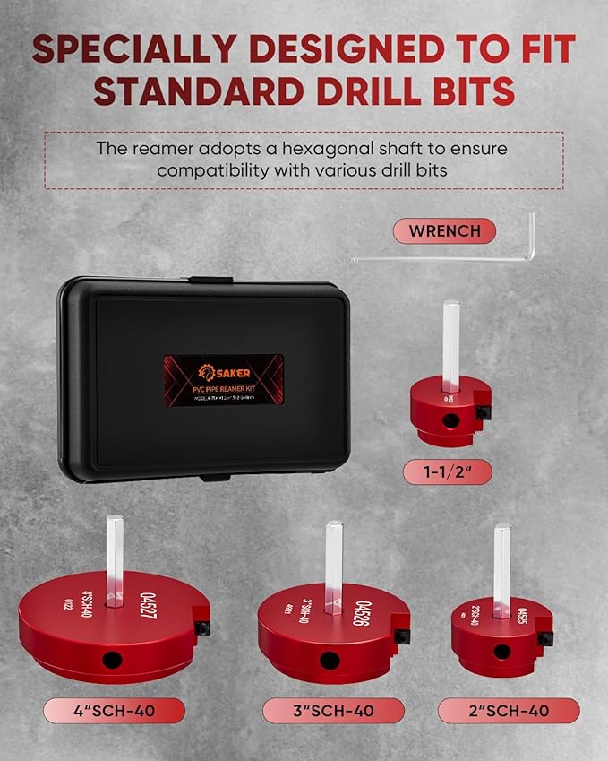 Saker PVC Pipe Reamer Kit, PVC Fitting Saver with 1-1/2inch,2inch,3inch,4inch Head, For SCH40, ABS Pipe,CPVC Perfect for Plumbing Repairs, Fits Standard 1/2" Drill