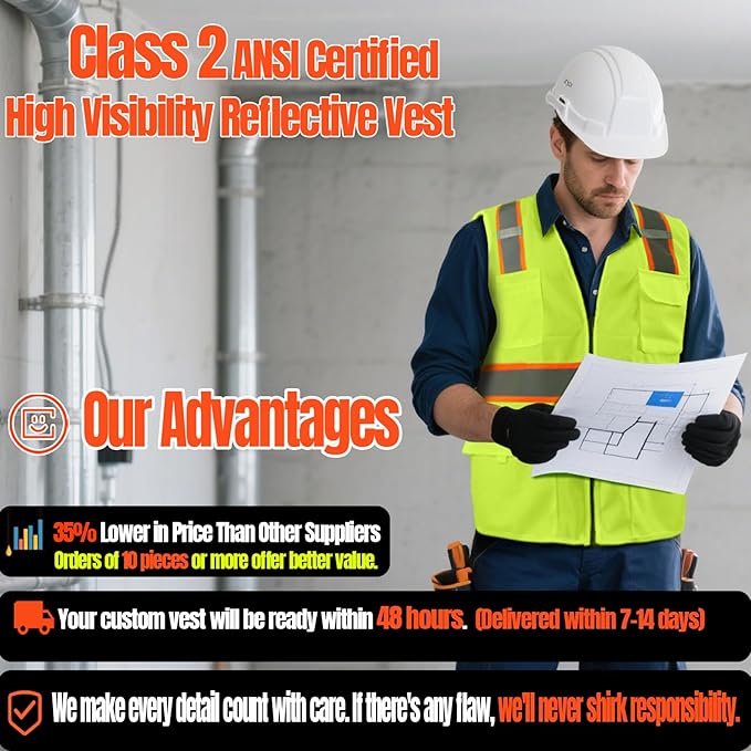 BeautyWill Custom Safety Vest Customized Logo Class 2 High Visibility Reflective Vest with Pockets Construction workwear