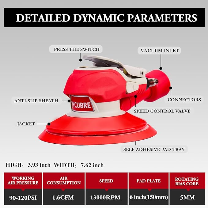 Air Sander 6 Inch DA Palm with vacuum Sander, Pneumatic Random Orbital da Sander for auto body & Woodworking & Auto Polishing (including 12 sandpaper + accessories)