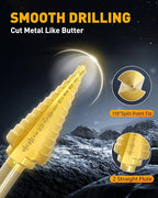 COMOWARE Step Drill Bit Set 5-Piece Titanium-Coated with Automatic Center Punch - Short Length, Double Cutting Blades, High-Speed Steel - Covering 50 Sizes, Complete with Aluminum Case