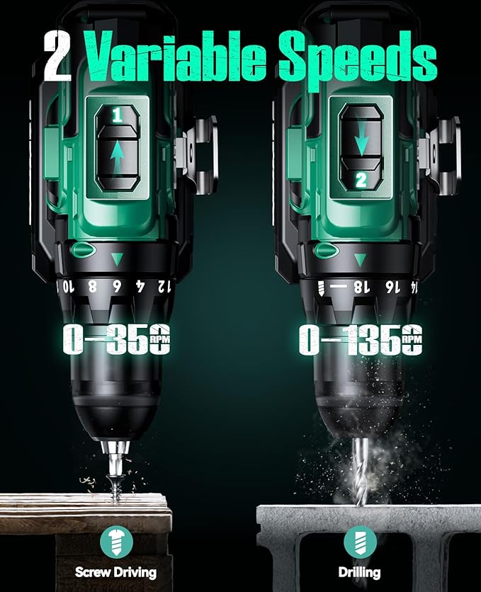 KIMO 20V Cordless Drill Set with 2 Packs 2.0Ah Battery, Max 350 In-lb Torque, 1350 RPM, 3/8" Keyless Chuck, 18+2 Clutch Setting, 18pcs Accessories, Power Drill for Drilling Wood Bricks Walls Metal