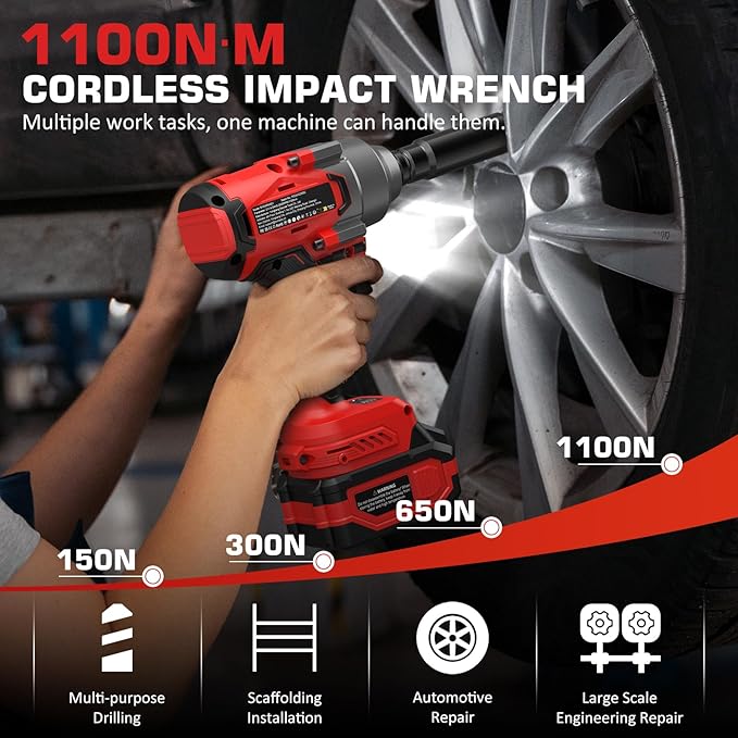 Sundpey Cordless Impact Wrench 812Ft-lbs - 1100N·m Brushless High Torque Impact Gun with 2 * 4.0Ah Battery - 21V Power Impact Driver with 5 Sockets & 9 Drill Bits & 1/2" Hexagonal Adapter for Car Home