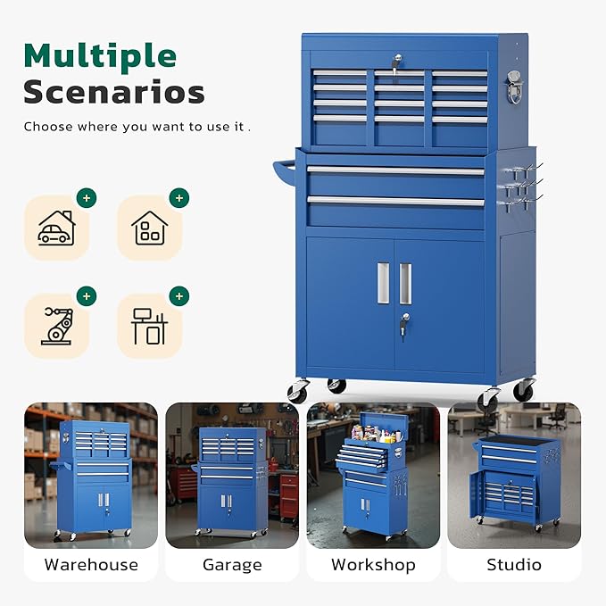 Greenvelly Tool Chest, 8-Drawer Rolling Tool Chest with Hooks and Lockable Wheels,Metal Storage Detachable Top Tool Box with Lockable Wheels for Garage,Workshop,Art Studio(Blue)