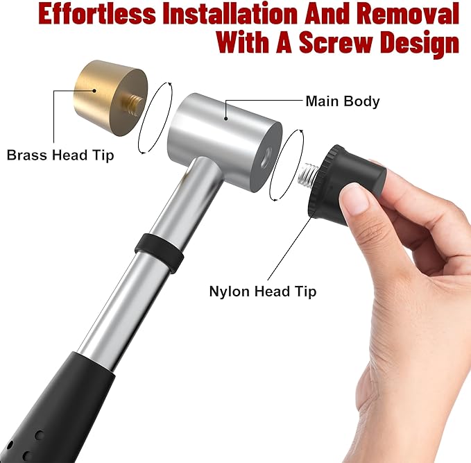 Small Brass Hammer with 4 Interchangeable 1-Inch Heads: Brass, Nylon, Aluminum, Rubber, Hammer Mallet for Jewelry, DIY Projects and More