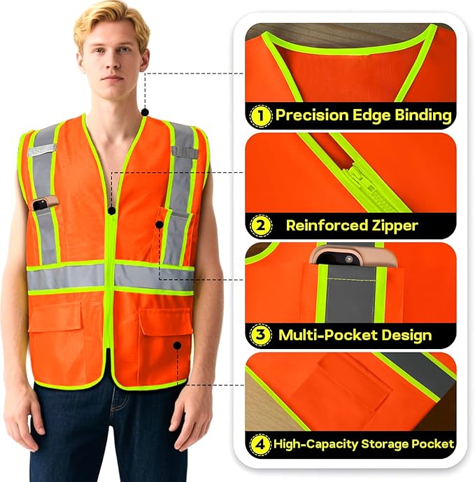 BeautyWill Custom Safety Vest Customized Logo Class 2 High Visibility Reflective Vest with Pockets Construction workwear