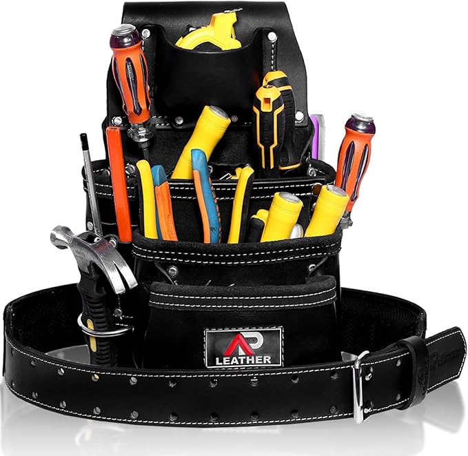 Pro-015 Leather Tool Pouch for Construction,Heavy Duty Hammer Holder,Buckle,3 Pocket Large with Belt, 12 Small Pocket, Tool Organizer
