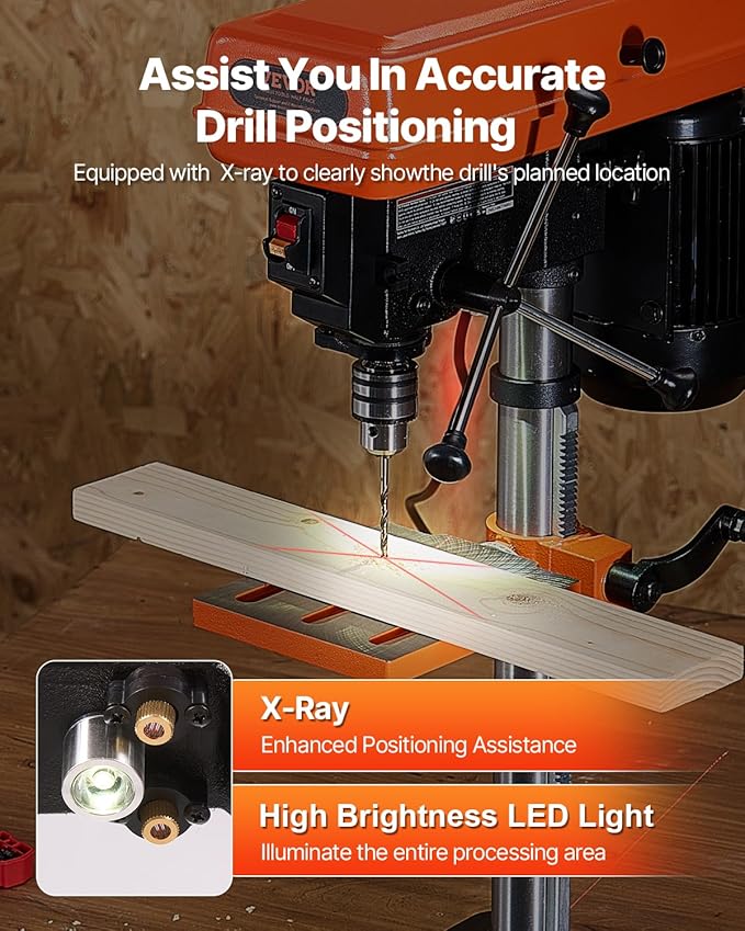 VEVOR 10 in Benchtop Drill Press, 6.2A Induction Motor, Tabletop Drilling Machine with 610/940 / 1500/2150 / 2800 RPM Adjustable Speed, 0-45° Tilting Worktable, LED Work Light, for Wood Metal