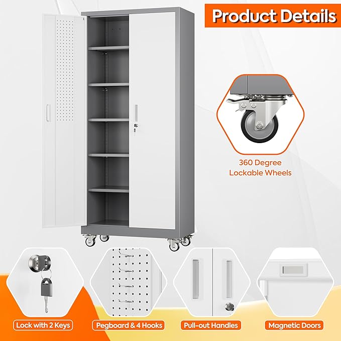 Aobabo 71" H x 32" W x 16" D Metal Storage Cabinet with Wheels, Garage Steel Storage Cabinet with 5 Adjustable Shelves and 4 Hooks for Home Office School, Assembly Required, Grey White