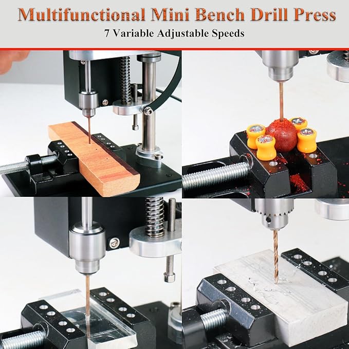 Mini Bench Drill Press, Small Benchtop Drilling Machine Electric Portable Table Driller, Adjustable 7-Speed, B10 Chuck, Drill Bit and Clamp, Metal Wooden DIY Jewelry Making Crafts Tool