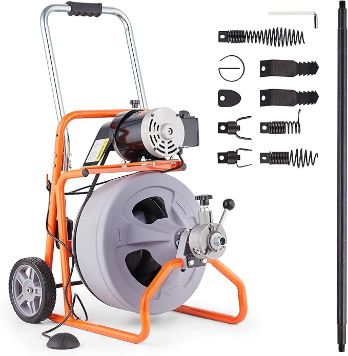 VEVOR Drain Cleaner Machine 75FT x 1/2 Inch, Auto Feed Sewer Snake Drain Auger on Wheels, Portable Drain Cleaning Machine with 8 Cutters & Air-activated Foot Switch for 2" to 4" Pipes