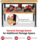 Adjustable Height Work Bench 48 x 20 Workbench for Garage Work Table with Under Table Shelf for Shop Woodworking, Heavy Duty Rubber Wood Top for Office, Home, Commercial