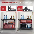 3-Tier Rolling Workbench Heavy Duty Adjustable Metal Tool Work Table with Side Pegboard, Wheels & Push Handle Mobile Workstation for Garage, Warehouse, Kitchen