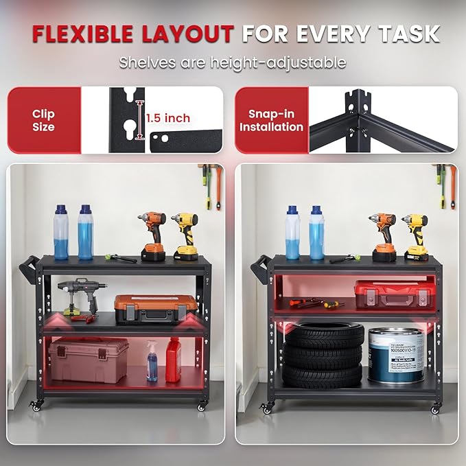 3-Tier Rolling Workbench Heavy Duty Adjustable Metal Tool Work Table with Side Pegboard, Wheels & Push Handle Mobile Workstation for Garage, Warehouse, Kitchen