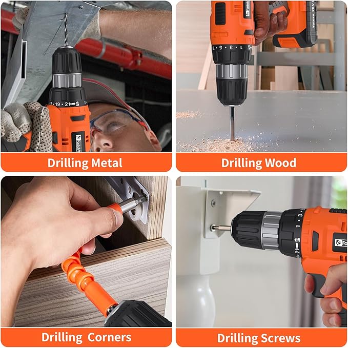 20V Electric Power Drill Set, Torque 30N, 21+1 Torque Setting, 3/8-Inch Keyless Chuck, LED Electric Drill Kit, Orange