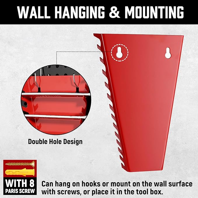 ALOANES 26-Slot Metal Wrench Organizer, Heavy Duty Hanging Wrench Organizer Tray for Tool Box&Wall, Fit SAE & Metric Wrench Storage, 2 Pack Wrench Holders (Red&Black)