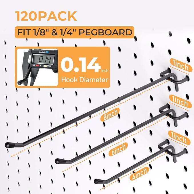 INCLY 120 Pack Black Pegboard Hooks, 4/6/8 Inch Peg Board Shelving Hooks Accessories, Peg Board Tool Hangers Fit for 1/8“ and 1/4" Pegboard Hanging Tools for Garage, Craft Room, Kitchen, Store