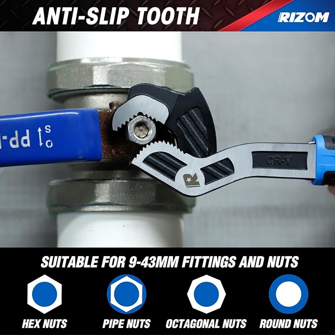 Rizom Self Adjusting Wrench, 8” and 12” Pipe Wrench, 2-Piece Self Adjustable Wrench Set with 3/8 to 1-3/4 inch Jaw Open