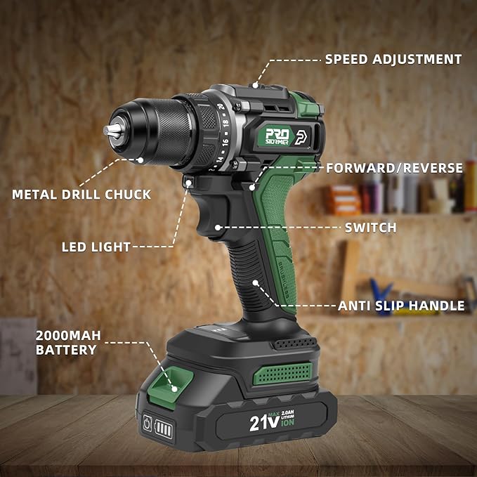 Prostormer Brushless Power Drill Set, 575 in.lbs Drill Driver, 20+1 Max Torque, 3/8" Keyless Chuck, 2pcs Battery & Charger with Storage Box & 24 Pcs Drilling Bits