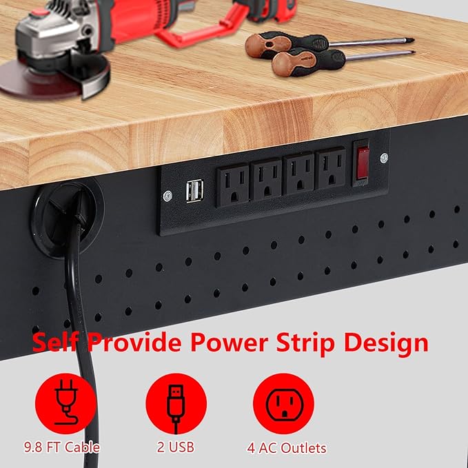 48'' Adjustable Workbench, Heavy Duty Workbench with Power Outlet and Lockable Wheels, 2000 LBS Capacity, Work Table Suitable for Office, Garage, Workshop