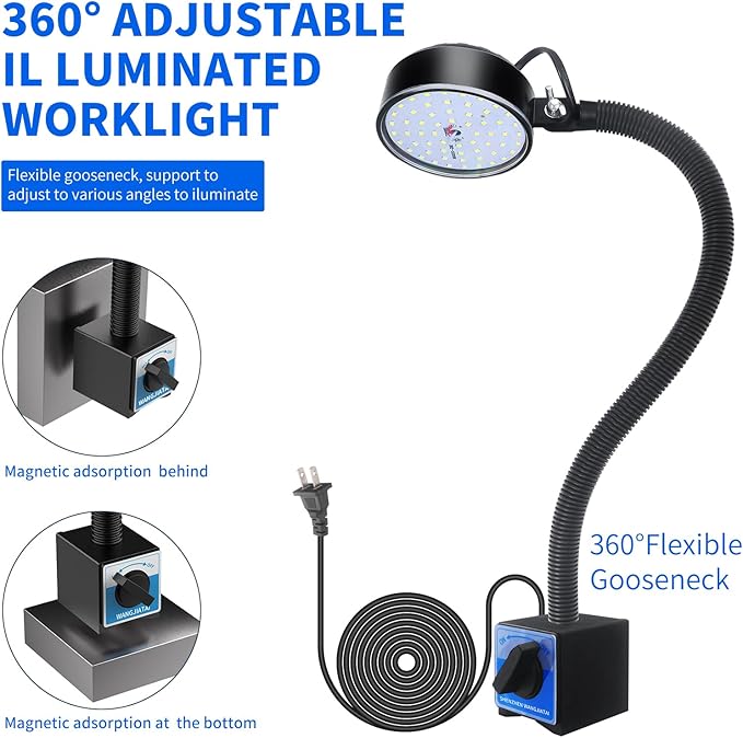 20W WangJiaTai Magnetic Work Light, LED Machine Light with 20 in Flexible Gooseneck and Magnetic Base, Magnetic Shop Lamp, Lathe Light, for Work Bench, Sewing Machine, Grill, Industrial Lighting,Black