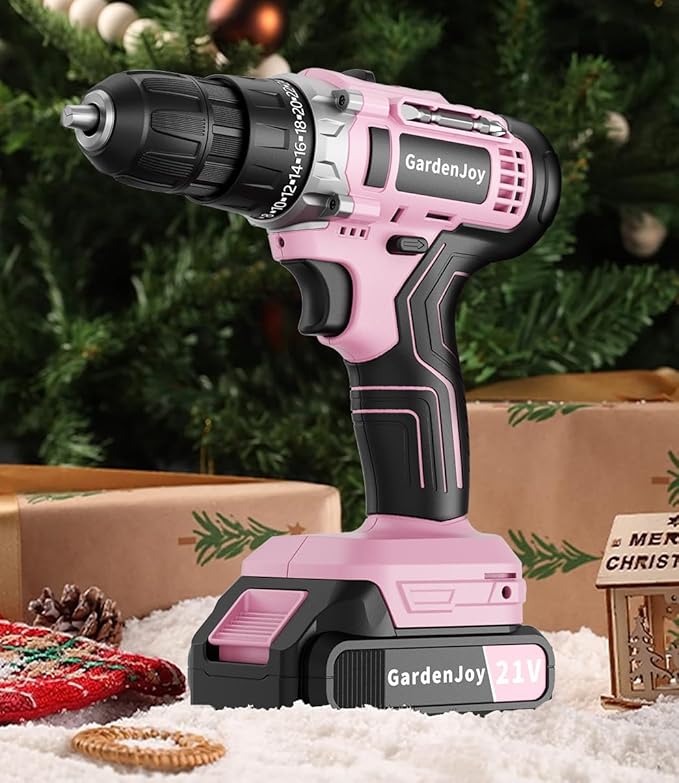 GardenJoy Cordless Power Drill Set - 21V Electric Drill Driver Kit with Battery and Fast Charger, 65pcs Acessories, 2 Variable Speed Control, 3/8-Inch Keyless Chuck and 24+1 Torque Setting