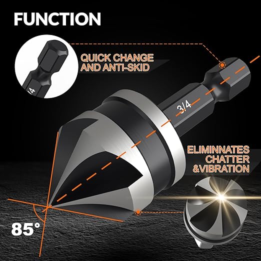 THINKWORK 5 Pcs Four Spiral Flute Step Drill Bit Set & 5 Pcs Countersink Drill Bits with Tool Box, Nitriding HSS Drill Bits for Metal, Aluminum, Wood, Plastic