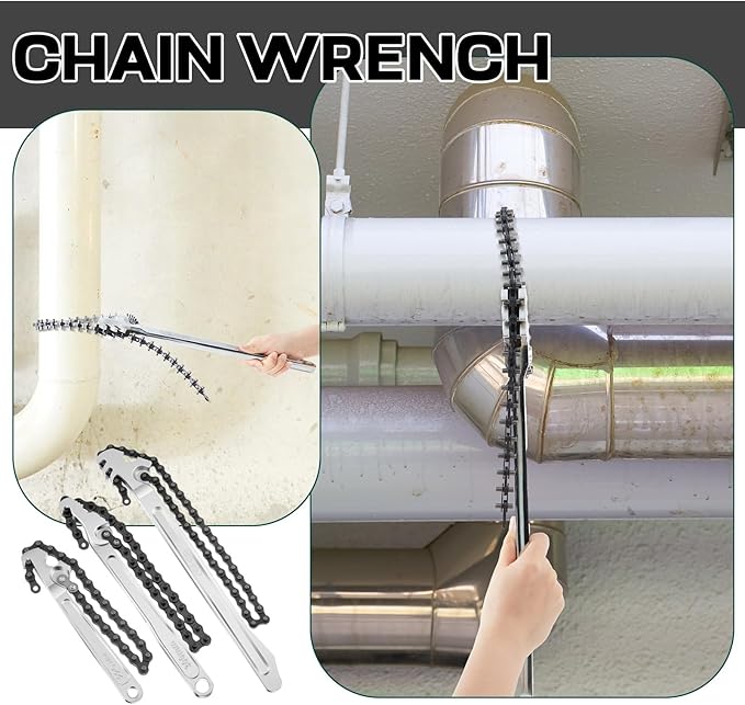 Lasnten 3 Pcs Large Reversible Chain Oil Filter Wrench with 12 16 9 Inch Chain Wrench Adjustable Heavy Duty Carbon Steel Sturdy Pipe Fitting Tool Spanner for Ratcheting Universal(Silver)