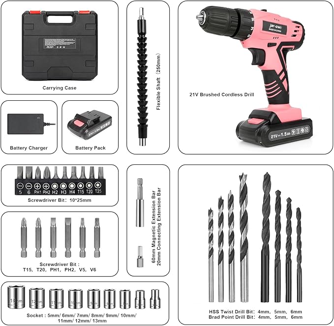 Jar-Owl 21V Pink Cordless Drill Set for Women，350 in-lb Torque, 0-1350RMP Variable Speed, 10MM 3/8'' Keyless Chuck, 18+1 Clutch, 1.5Ah Li-Ion Battery & Charger for Home DIY and Repair - Black & Pink