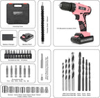 Jar-Owl 21V Pink Cordless Drill Set for Women，350 in-lb Torque, 0-1350RMP Variable Speed, 10MM 3/8'' Keyless Chuck, 18+1 Clutch, 1.5Ah Li-Ion Battery & Charger for Home DIY and Repair - Black & Pink