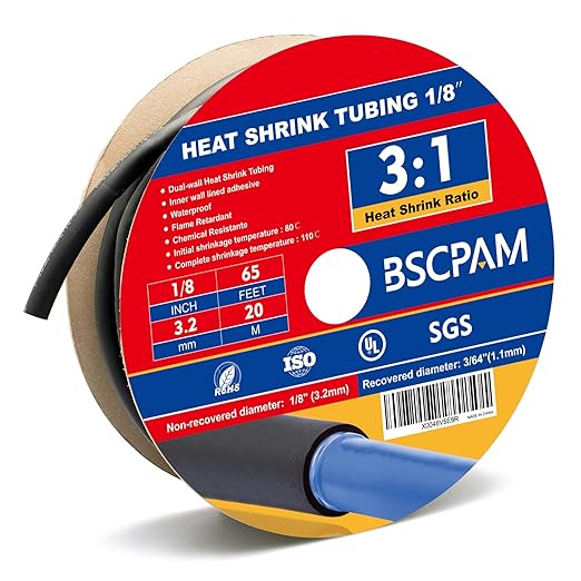 1/8" Heat Shrink Tubing, 65FT Marine Grade 3:1 Shrink Ratio Shrink tubing, Adhesive Lined Heat Shrink Tube, 1/8 Waterproof Shrink Tube for Wires Home Automotive-Black