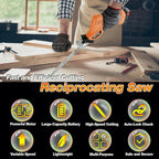 Reciprocating Saw, Cordless, Electric Reciprocating Saw with 2 Batteries, Includeds 8 Blades Kit, Tool-free Blade Change, Variable Speed, Multi-Purpose, For DIY Wood Metal PVC Cutting (Orange)